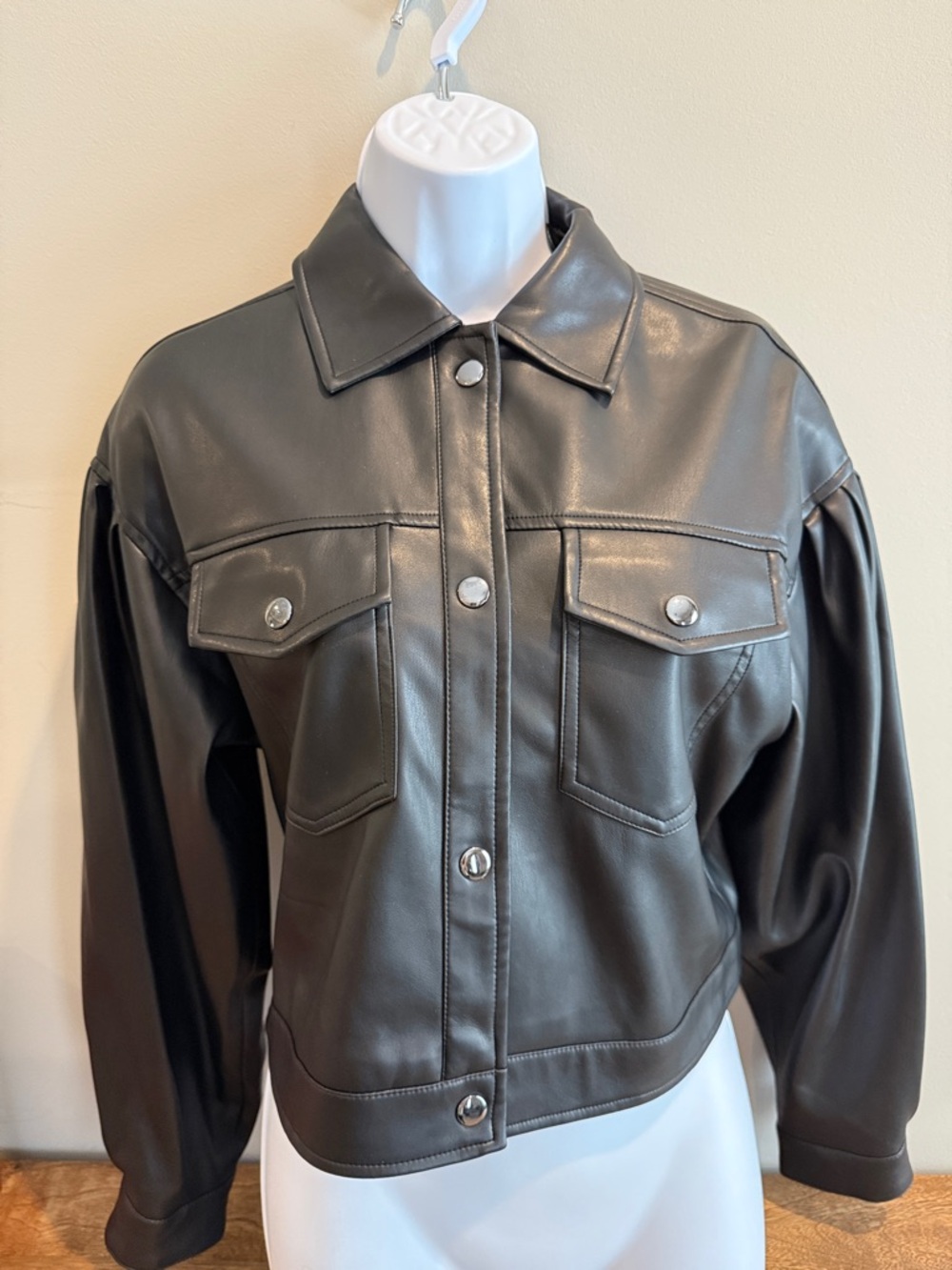 Tahari Black Faux Leather Utility Jacket